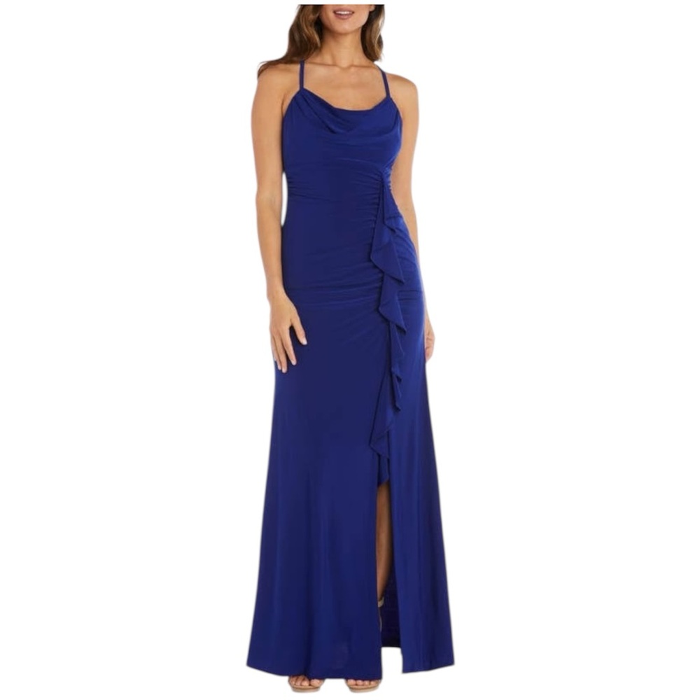 NWT Morgan & Co Blue Cowl Neck Ruffle Gown Slit Size 3 Juniors Formal Dress Prom